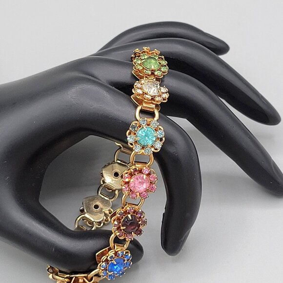 Vintage Gold Tone Tourmaline Stone Flower Link Bracelet Fold Over Clasp - Picture 5 of 8